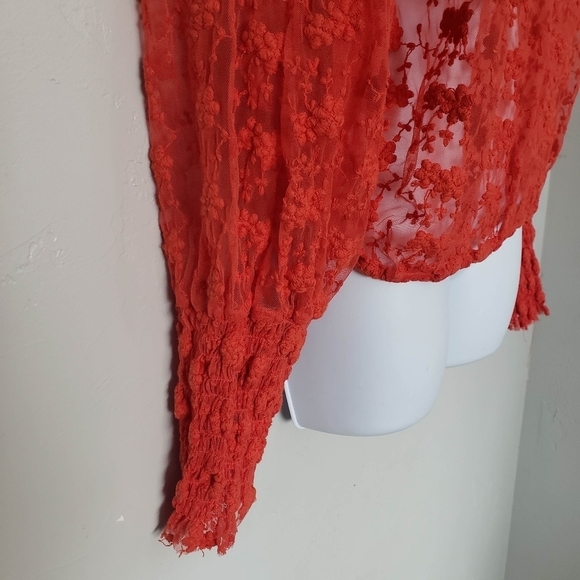 Free People Women's Jubilee Medium Coral Lace Long Sleeve Blouse Embroidered Top - Picture 8 of 10